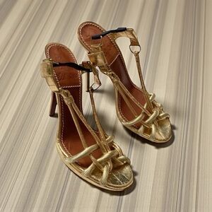 Lanvin Gold Party Heels Sandals  Size 37.5 NEW Metallic Designer Shoes